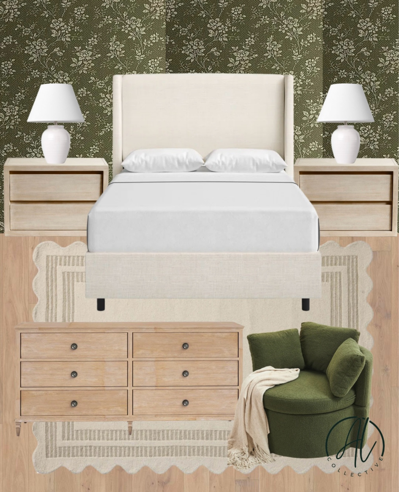 Bedroom design. Mood board. Green. Wallpaper. Bed frame. Nightstands. Table lamps. Accent chair. Loloi area rug. Dresser  

#LTKHome