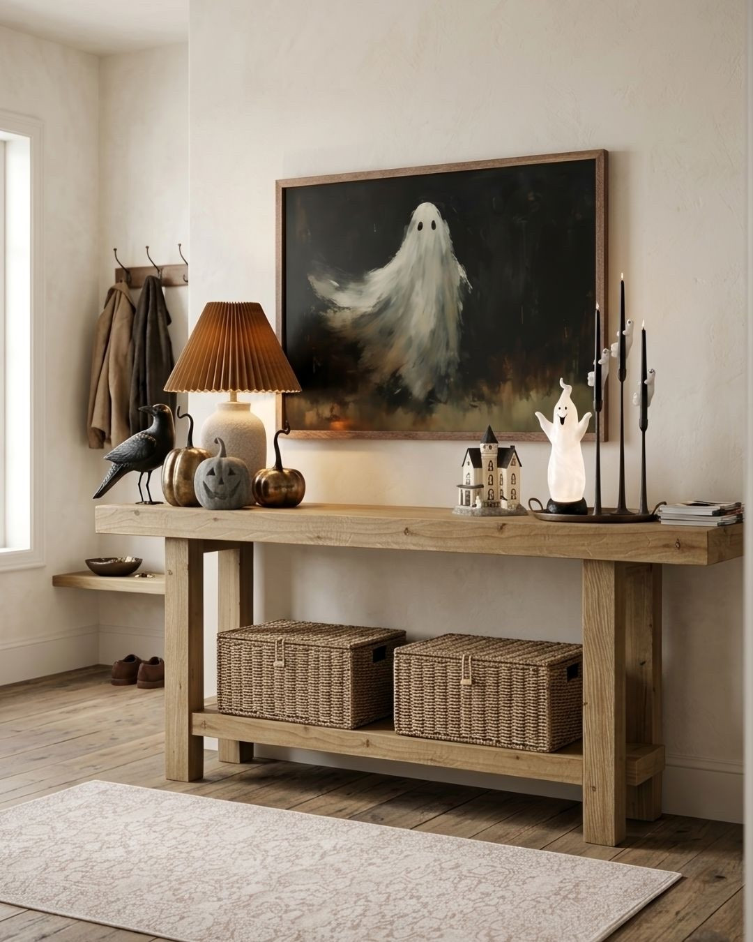 👻 Spooky Ghost Halloween Console Design

This Halloween entryway is giving artsy, moody ghost gallery vibes with a dramatic ghost painting, black crow, and warm wood tones with just enough spooky whimsy to make you smile every time you walk by.

*Note: This is a digital room mockup showcasing product styling ideas from my room design mood board.

#halloween #halloweenentryway #halloweendecor #spookydecor

#LTKSeasonal #LTKHome
