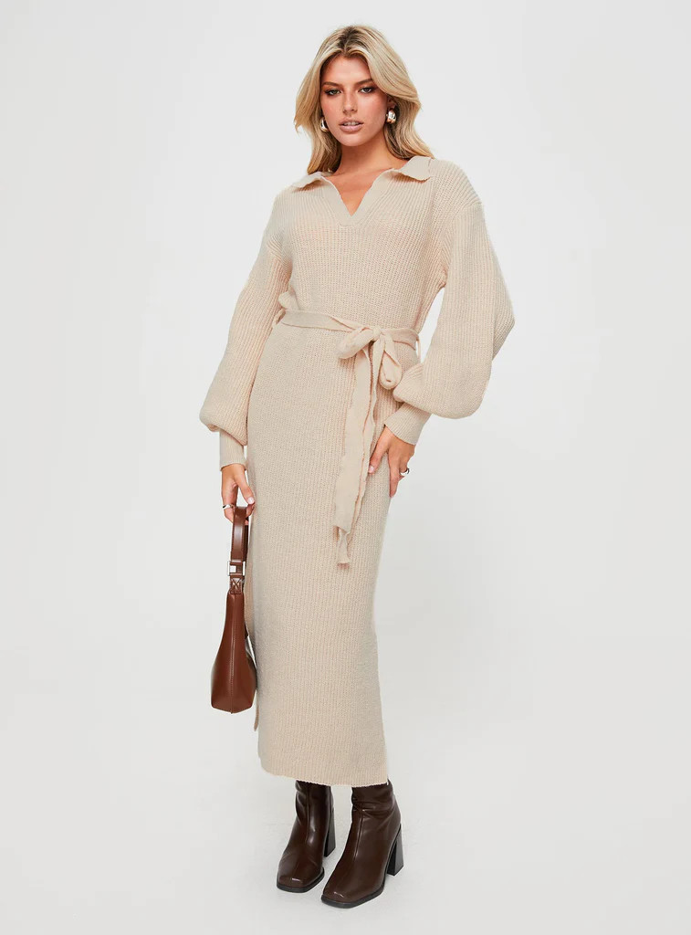 Oriel Long Sleeve Knit Maxi Dress Beige | Princess Polly US