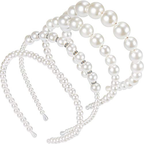 WILLBOND 4 Pcs Pearls Headbands Women White Faux Pearl Rhinestones Hairbands Bridal Hair Hoop Wedding Hair Accessories for Women | Amazon (US)