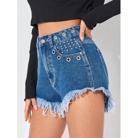 Eyelet Detail High Waist Raw Hem Denim Shorts Women s Ripped Raw Hem High Waisted Distressed Denim S | Walmart (US)