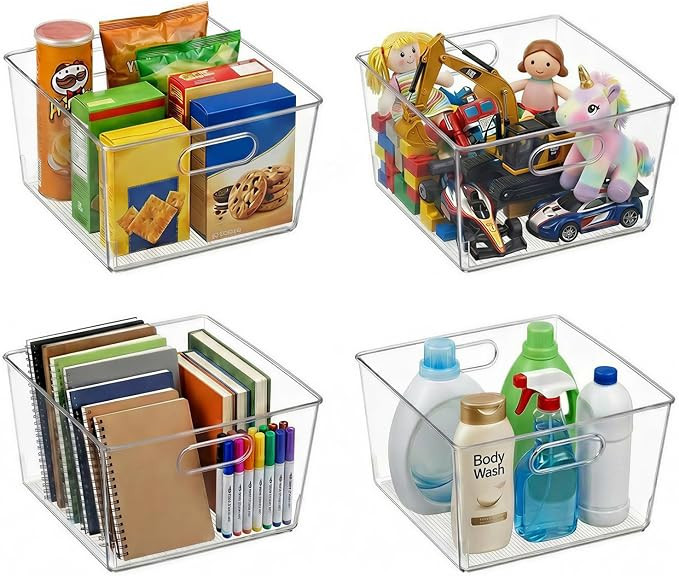 MOONEDGE 4-Pack 12x12x7 Extra Large Clear Plastic Storage Bins with Handles | Cube Acrylic Organi... | Amazon (US)