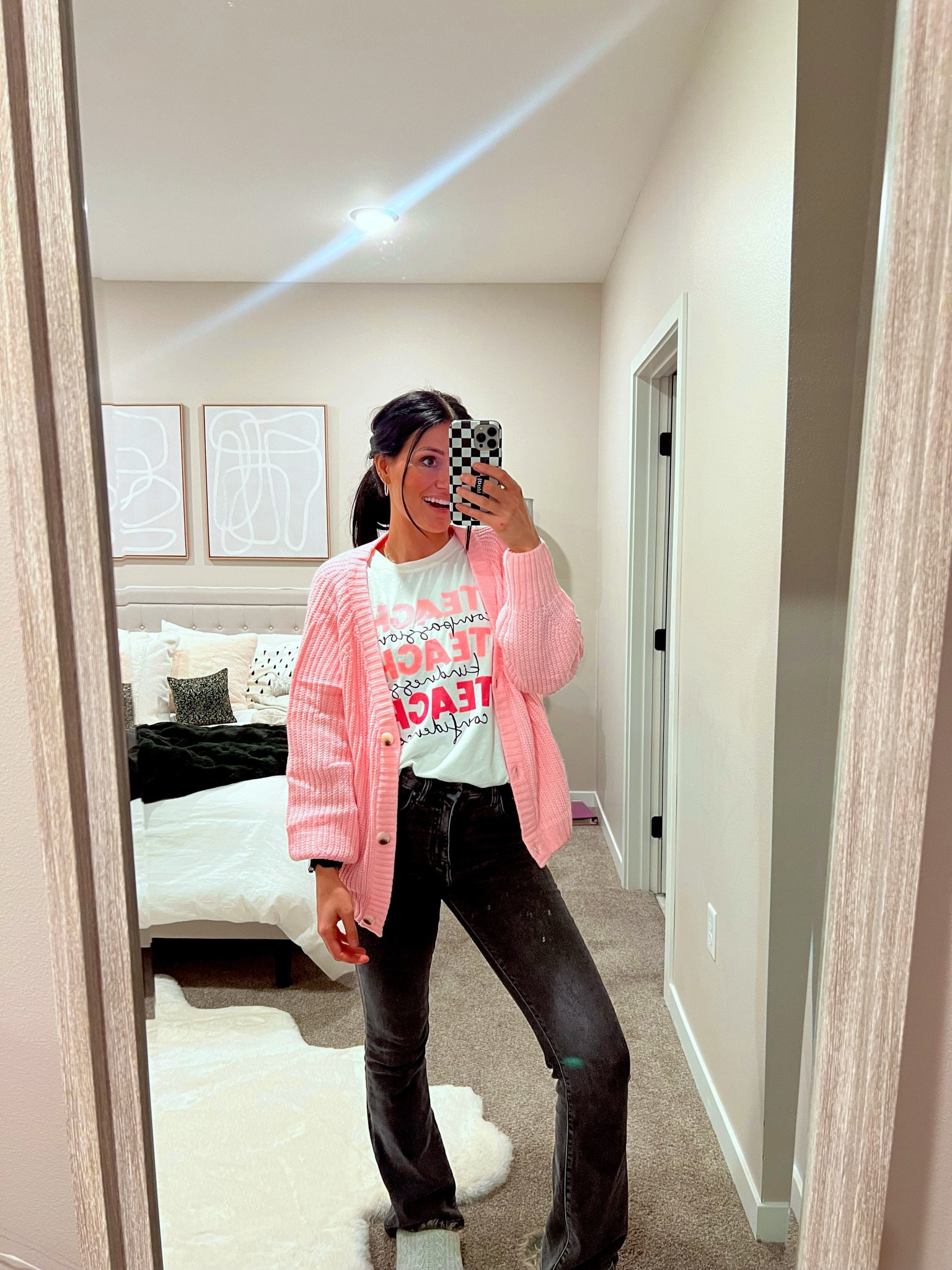 Teacher outfit 💕 I LOVE the bright pink cardigan. Everything runs true to size 🫶

#LTKfindsunder100 #LTKfindsunder50