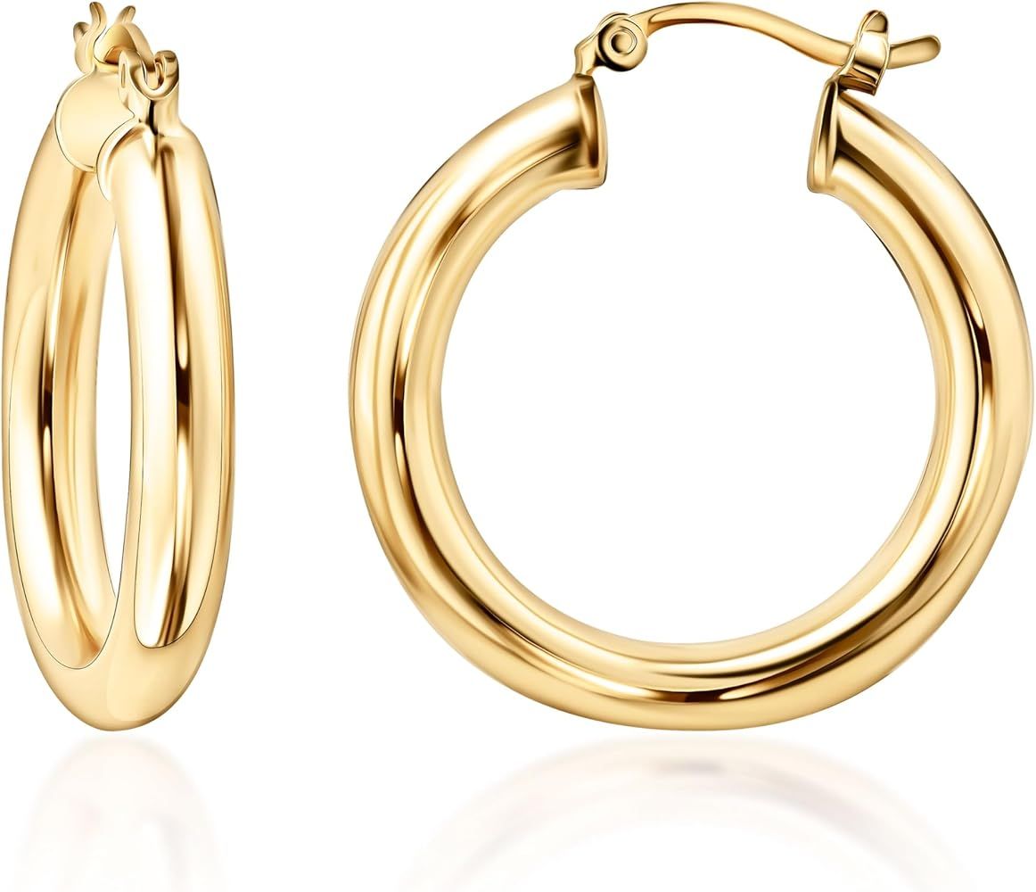 Barzel 18K Gold Plated 4MM Solid Hoop Earrings For Women, Varying sizes 10-60mm, High Polish Fini... | Amazon (US)