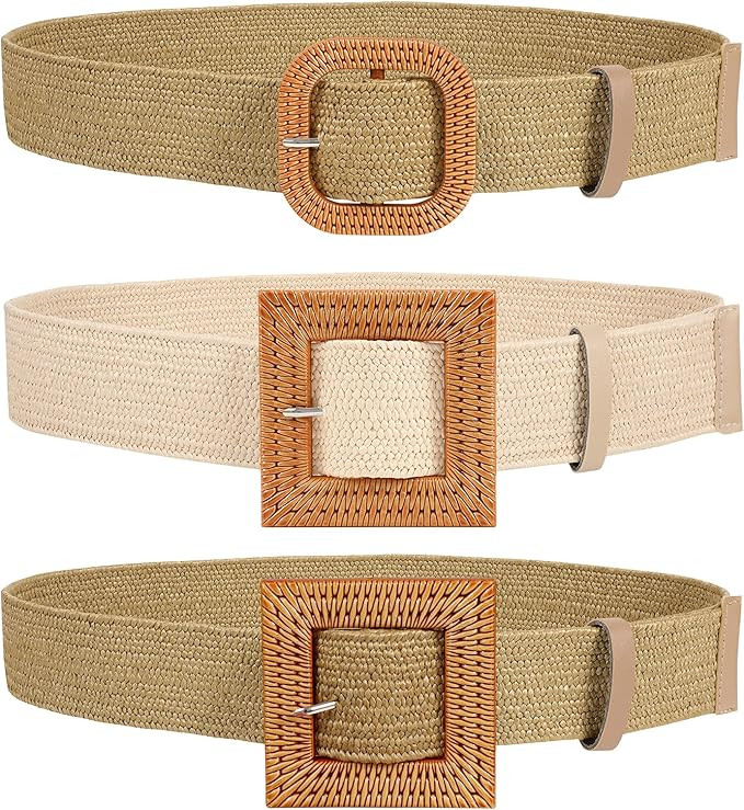 Straw Woven Elastic Stretch Belts Women, Wide Boho Braided Dress Belts with Wooden Style Buckle b... | Amazon (US)