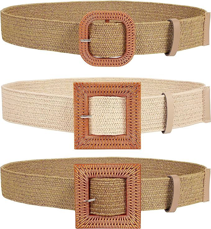 Straw Woven Elastic Stretch Belts Women, Wide Boho Braided Dress Belts with Wooden Style Buckle b... | Amazon (US)