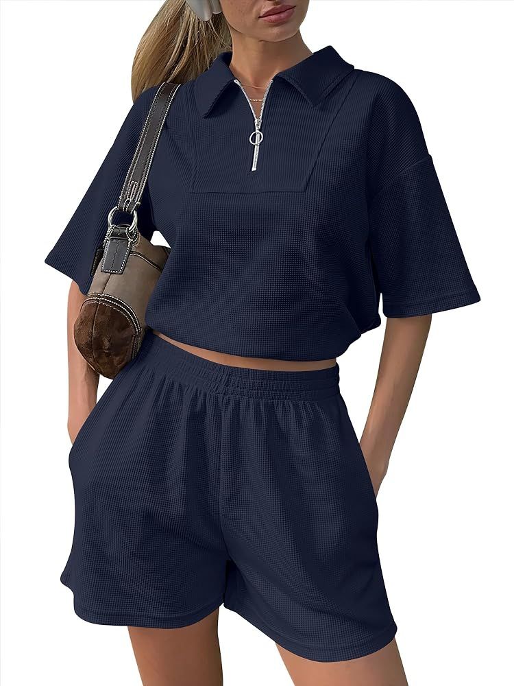 ANRABESS Women's 2 Piece Outfits Half Zip Lapel Collar Short Sleeve Drawstring Crop Tops Short Pa... | Amazon (US)