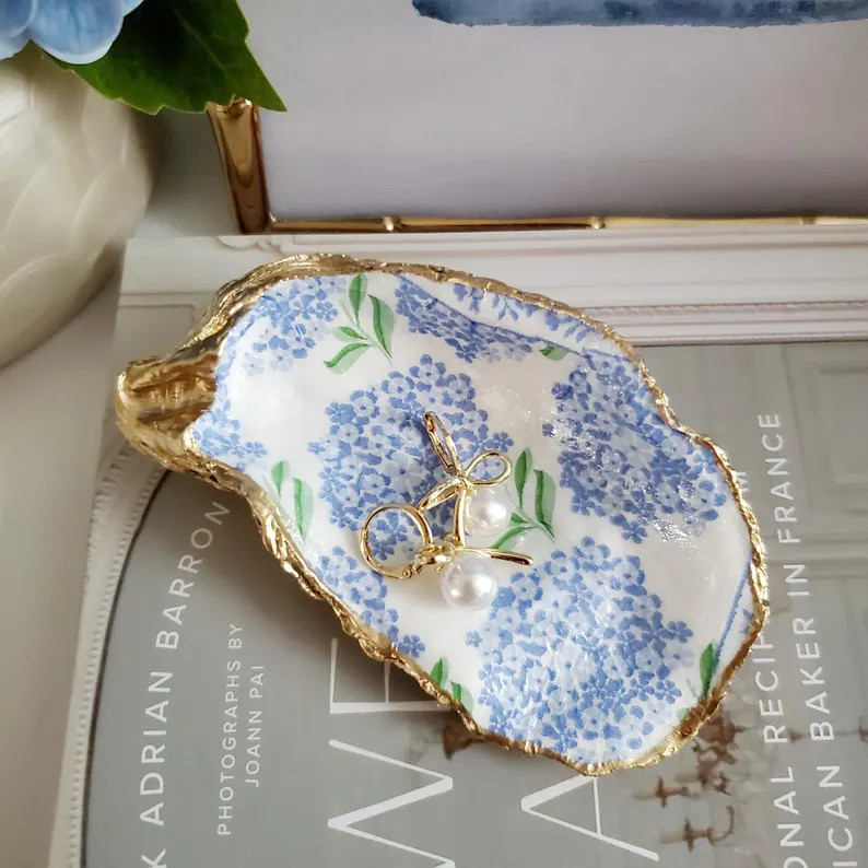 NANTUCKET SUMMER- Blue Hydrangea Oyster Shell Ring Dish, Engagement Gift, Bridesmaid favors, Prop... | Etsy (Global)