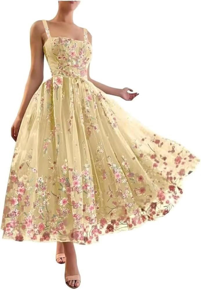 Ftupza Embroidered Tulle Prom Dresses with Pockets Lace Tea Length Formal Dresses A-line Straples... | Amazon (US)
