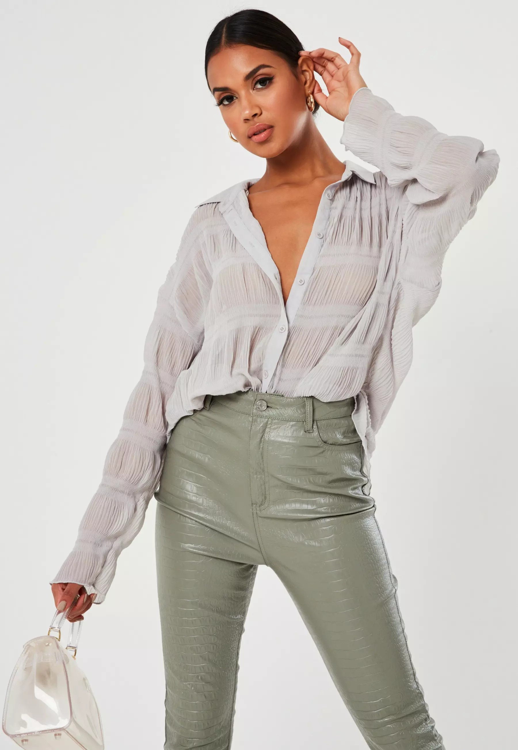 Missguided - Petite Dove Gray Sheer Crinkle Extreme Oversized Shirt | Missguided (US & CA)
