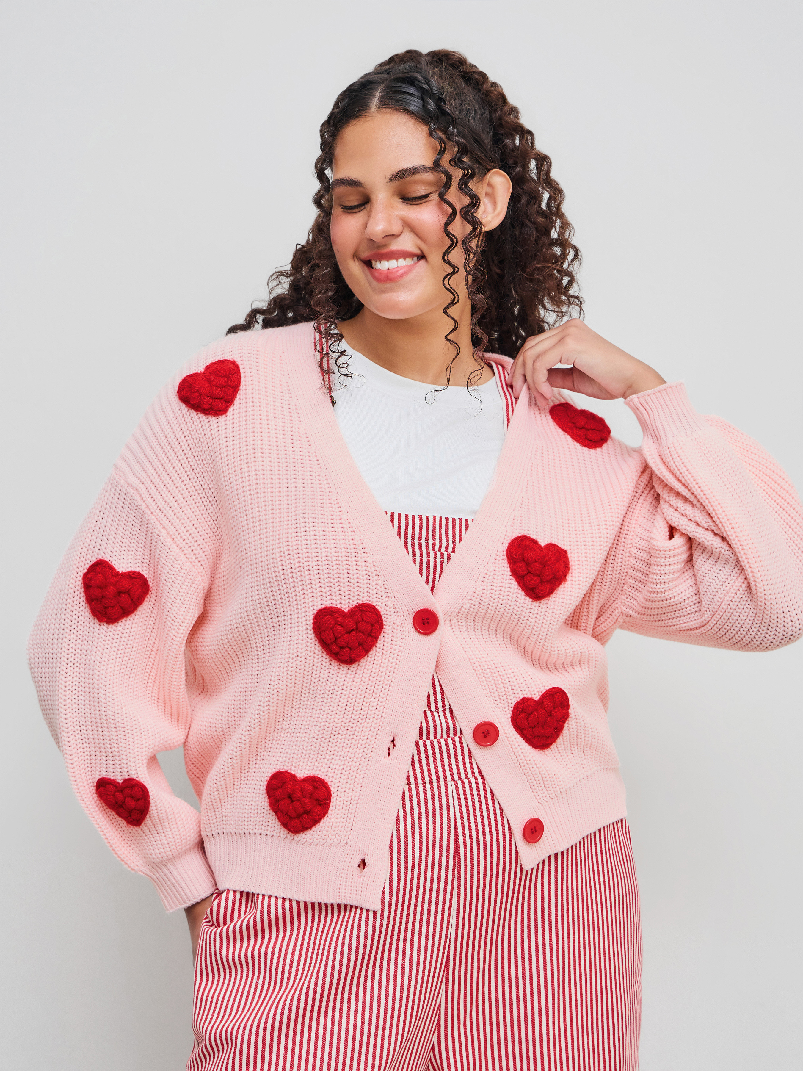 Knit Fabric Knit V-neck Heart Button Cardigan Curve & Plus For School | Cider