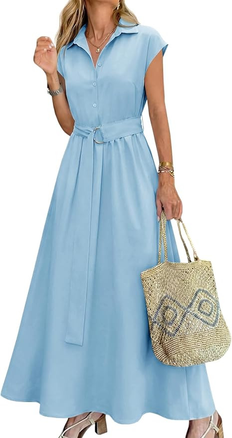 Wenrine Womens Summer Shirt Dress Button Collared Casual Short Sleeve Tie Waist A Line Flowy Long... | Amazon (US)