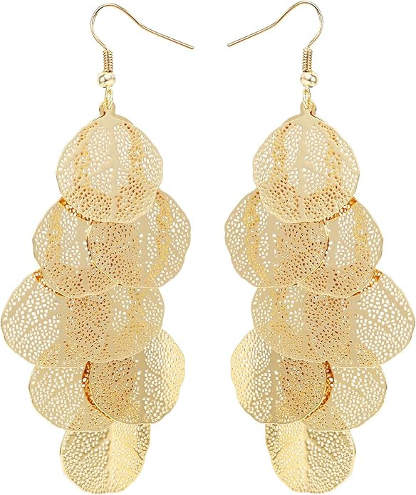 Boho Gold Dangle Earrings for Women Trendy Long Drop Chandelier Bohemian Fligree Leaf Earrings Da... | Amazon (US)