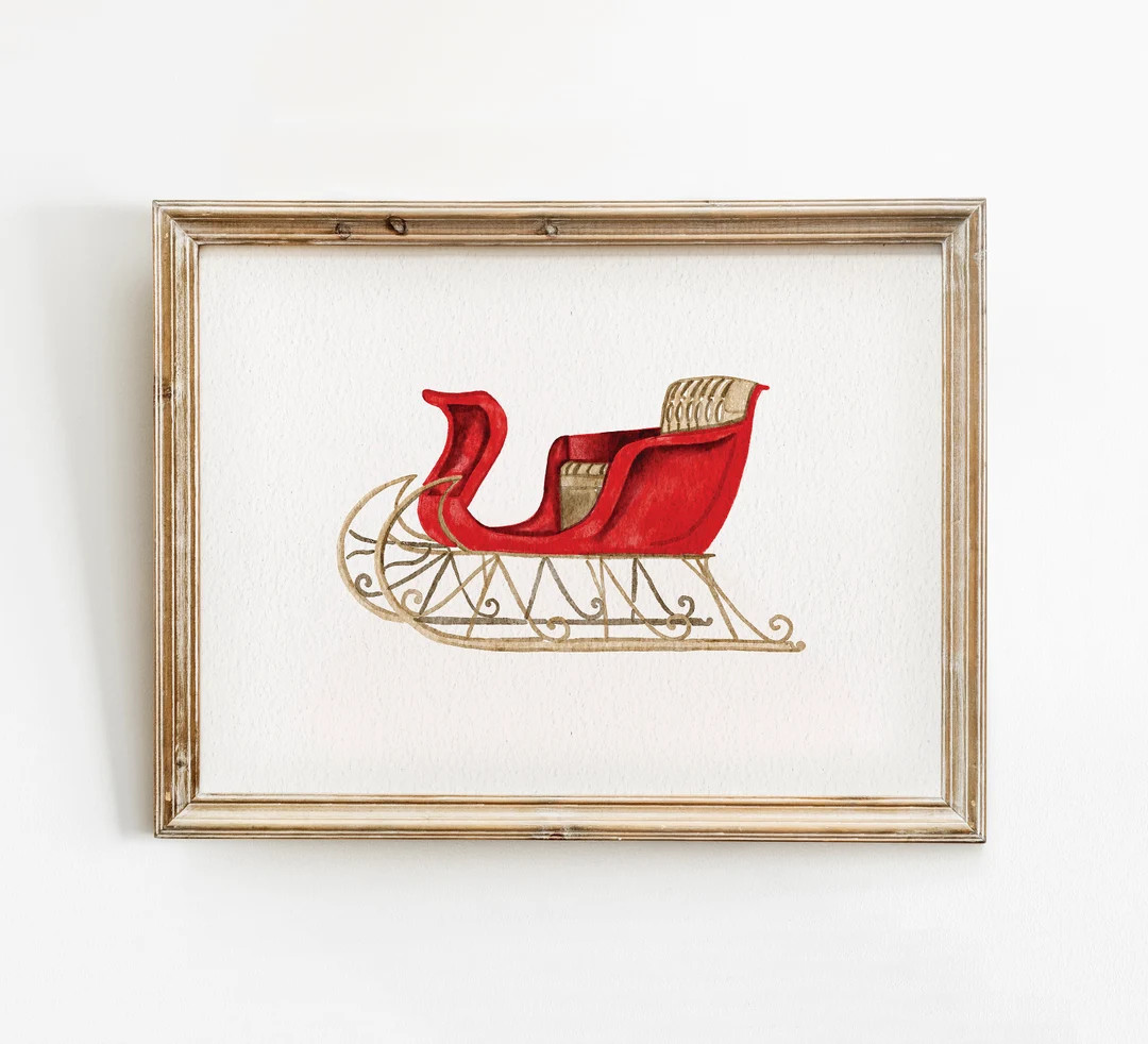 Vintage Red Santa's Sleigh Print, Christmas Printable Wall Art, Red Christmas Decorations, Waterc... | Etsy (US)