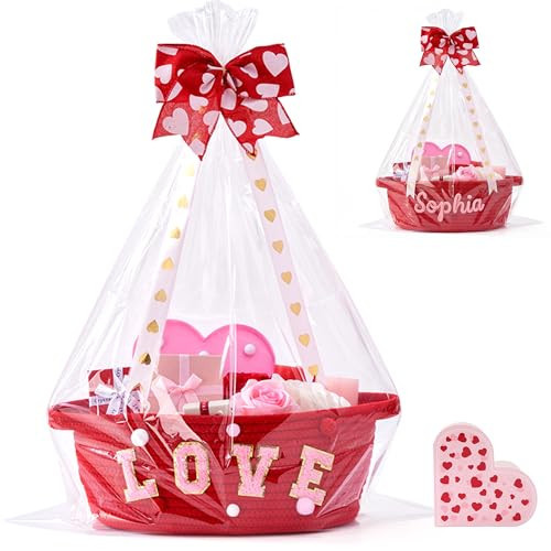 Valentines Basket, Valentines Day Gift Basket Empty for Kids, Woven Rope Red Basket with Handle, Ribbon, Row Decor, Personalized Name Cotton Rope, Valentine Storage Basket for him, Her | Amazon (US)