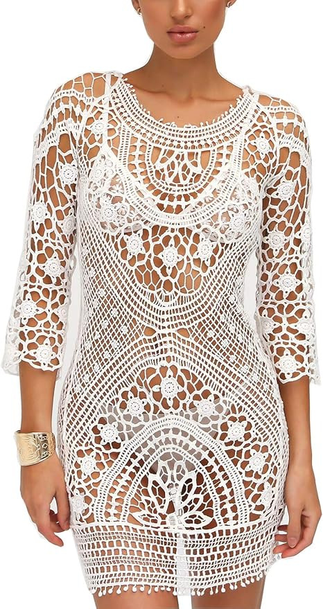 Wander Agio Beach Swimsuit for Women Sleeve Coverups Lace Bikini Cover Up Backless | Amazon (US)