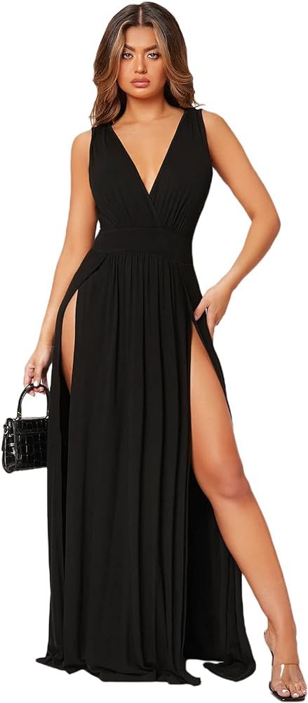 SheIn Women's Split Thigh Deep V Neck Maxi Dress Sleeveless Solid Long Tank Dresses | Amazon (US)