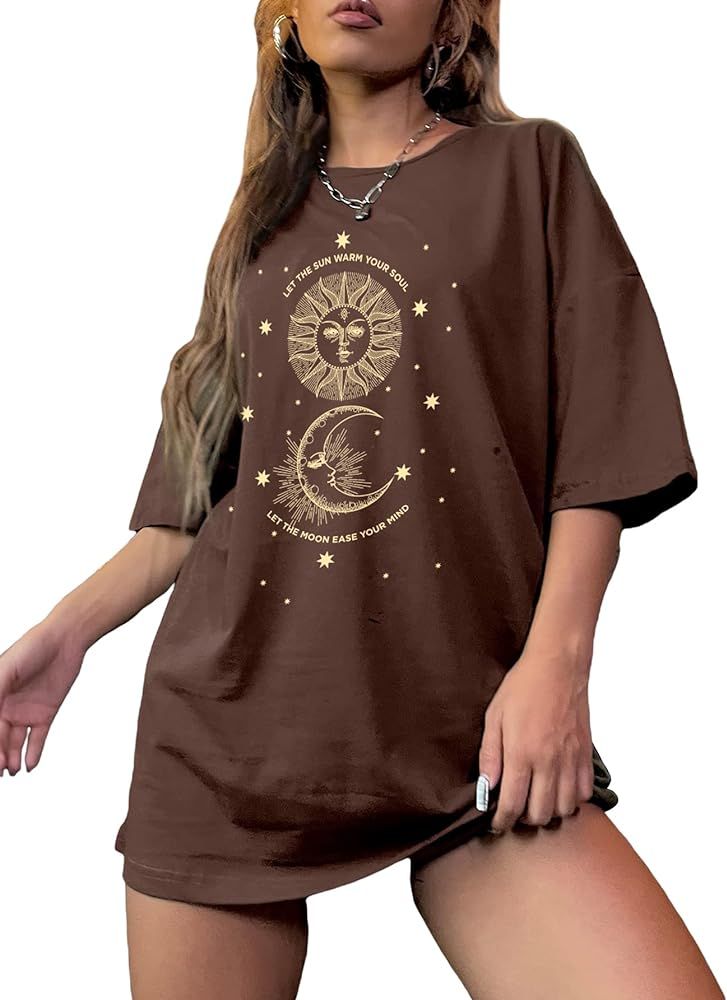 SHENHE Women's Graphic Half Sleeve Drop Shoulder Crewneck Oversized T Shirt Tops | Amazon (US)