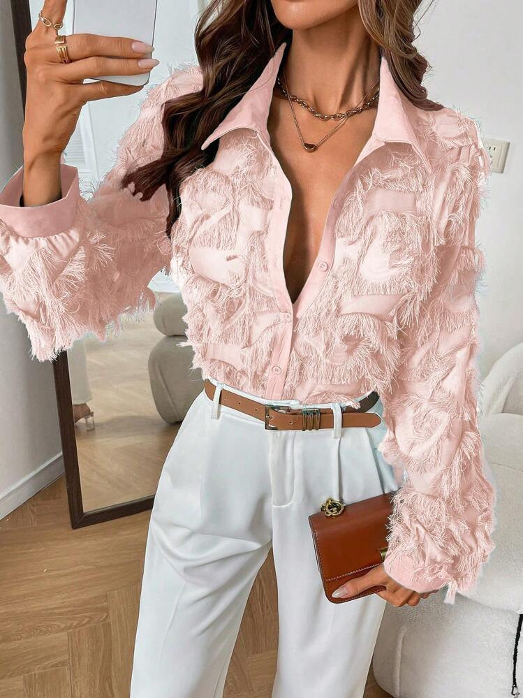 SHEIN Clasi Women's Pink Ruffle Blouse With Fringe Detail, Sexy And Chic Top Fall Cloth For Women | SHEIN