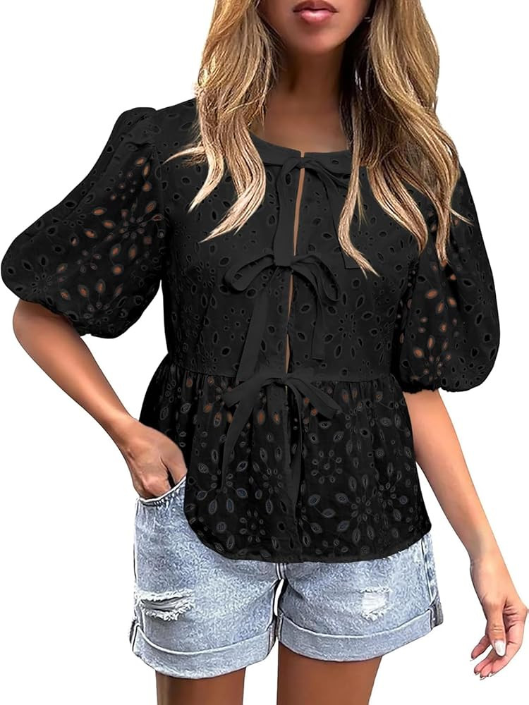 FARORO Women's Summer Dressy Casual Tops Short Puff Sleeve Babydoll Peplum Blouse Bow Tie Front H... | Amazon (US)