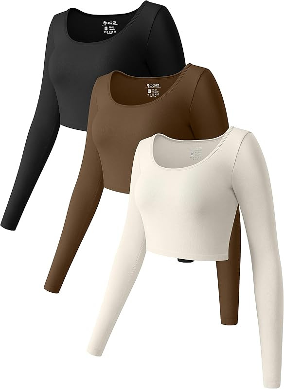 OQQ Women's 3 Piece Crop Tops Long Sleeve Round Neck Stretch Fitted Underscrubs Shirts Crop Tops | Amazon (US)