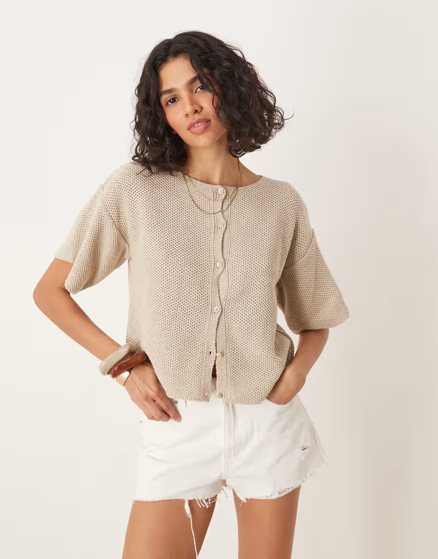 ASOS DESIGN knit short sleeve cardigan in oatmeal-Neutral | ASOS (Global)