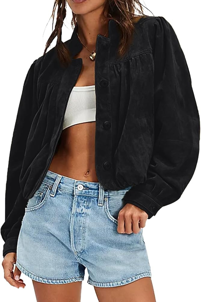 Women's Suede Cropped Pilot Jacket Puffed Sleeve Stand Up Collar Spring Autumn Button Coat Retro ... | Amazon (US)