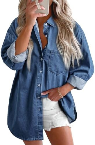 Astylish Women Denim Shirts Button Down Blouse V Neck Casual Tops | Amazon (US)