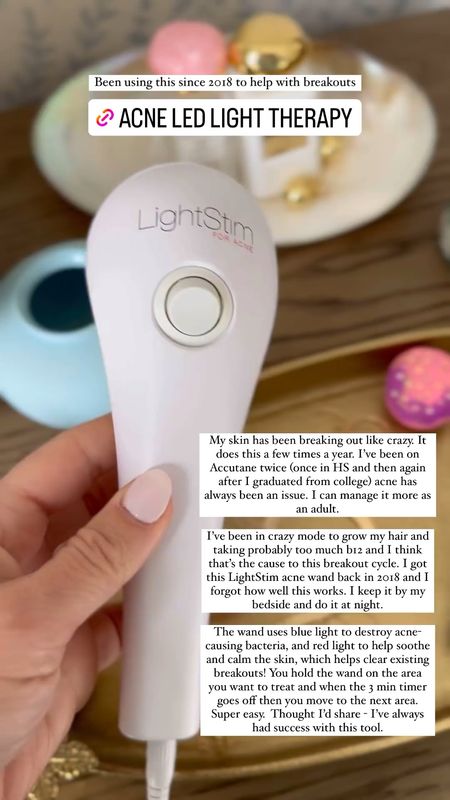 Here’s the tool/ device that I use during breakouts! LED ACNE LIGHT THERAPY: LightStim for Acne LED Light Therapy Device. The wand used blue light to destroy acne-causing bacteria, and red light to help soothe and calm the skin, which helps clear existing breakouts! You hold the wand on the area you want to treat and when the 3 min timer goes off then you move to the next area. Super easy. 

#LTKover40 #LTKbeauty