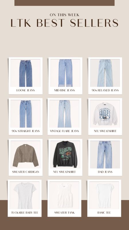 Best sellers from the past week! 

Loose fit jeans, mid rise jeans, baggy jeans, 90s relaxed jeans, relaxed jeans, vintage flare jeans, flare jeans, NFL sweatshirt, eagles sweatshirt, eagles crewneck, fall sweaters, fall fashion 2023, dad jeans, basic tee, grey baby tee, tuckable tee, sweater tank top 
