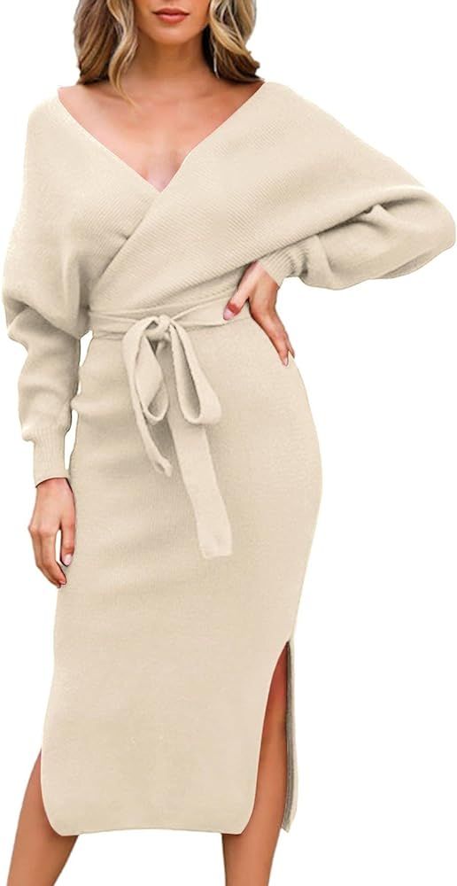 Viottiset Women's V Neck Long Batwing Sleeve Wrap Midi Knit Sweater Dress Elegant Backless with Belt | Amazon (US)