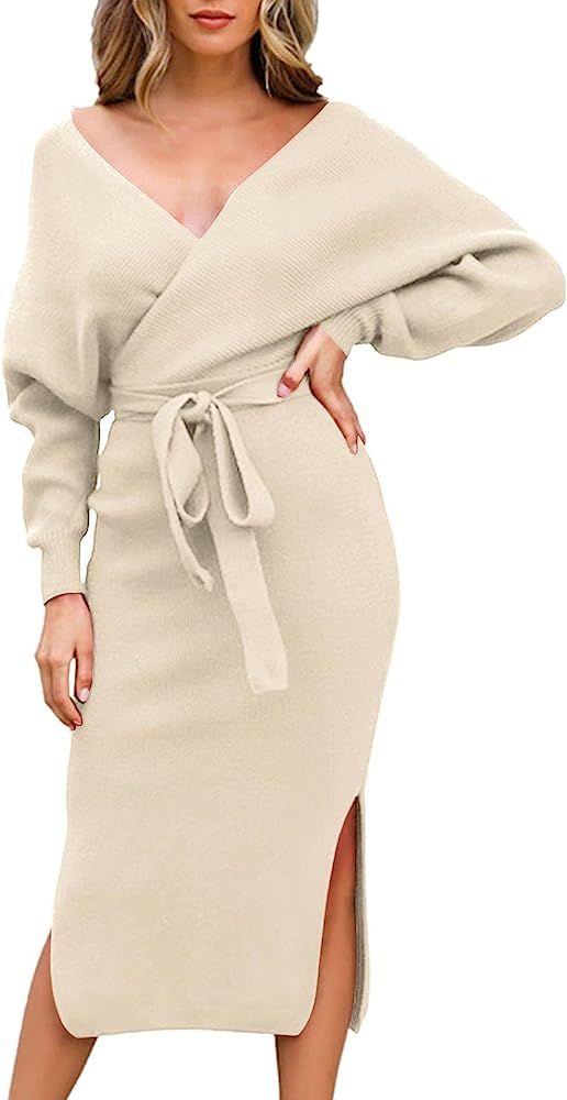 Fixmatti Women's Elegant V Neck Wrap Knit Dresses Batwing Sleeve Backless Slit Maxi Dress with Belte | Amazon (US)