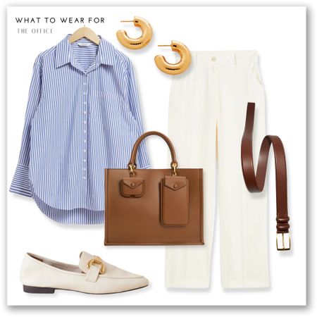 Office outfit inspo 

Blue stripe shirt, & other stories, H&M, white trousers, loafers, tan work bag, belt, gold hoops, smart style, workwear 

#LTKeurope #LTKworkwear #LTKstyletip
