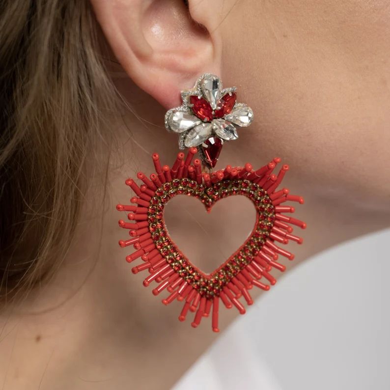 Valentines Day Earrings, Heart Earrings, Lip Earrings, Strawberry Earrings, Red Heart, Handmade, ... | Etsy (US)