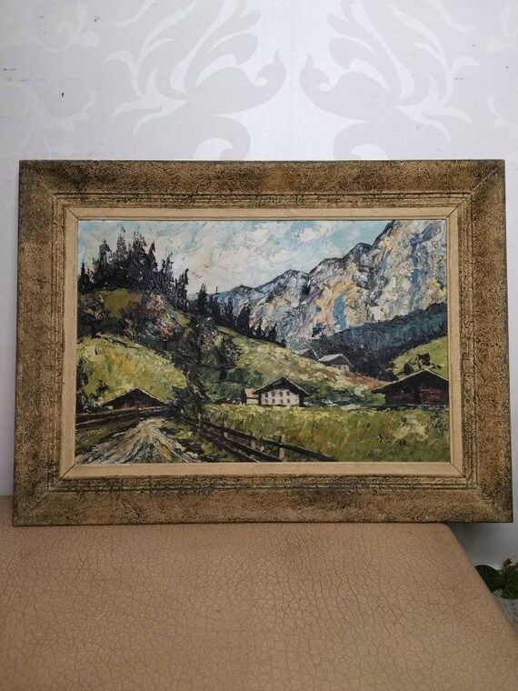Vintage original painting mountain landscape by Joop Burger 1950s oil paint on panel in brown fra... | Etsy (US)
