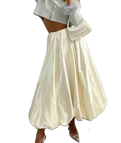 Women Bubble Long Skirt Y2k Flowy Swing A Line Maxi Skirt Cute Ruffle Pleated Midi Skirt Summer Balloon Skirt(D 77 White,M) | Amazon (US)