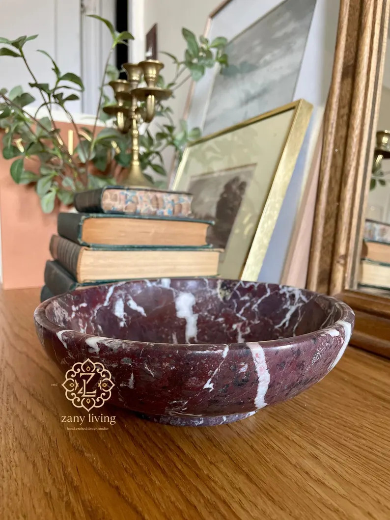 Hand-crafted Cherry Rosso Levanto 8" Bowl, Decorative Marble Centerpiece, Jewelry Holder, Marble ... | Etsy (US)