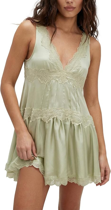 Women Lace Mini Slip Dress V Neck Flowy Summer Dress Y2K Boho Ruffle Hem Babydoll Short Dress for... | Amazon (US)