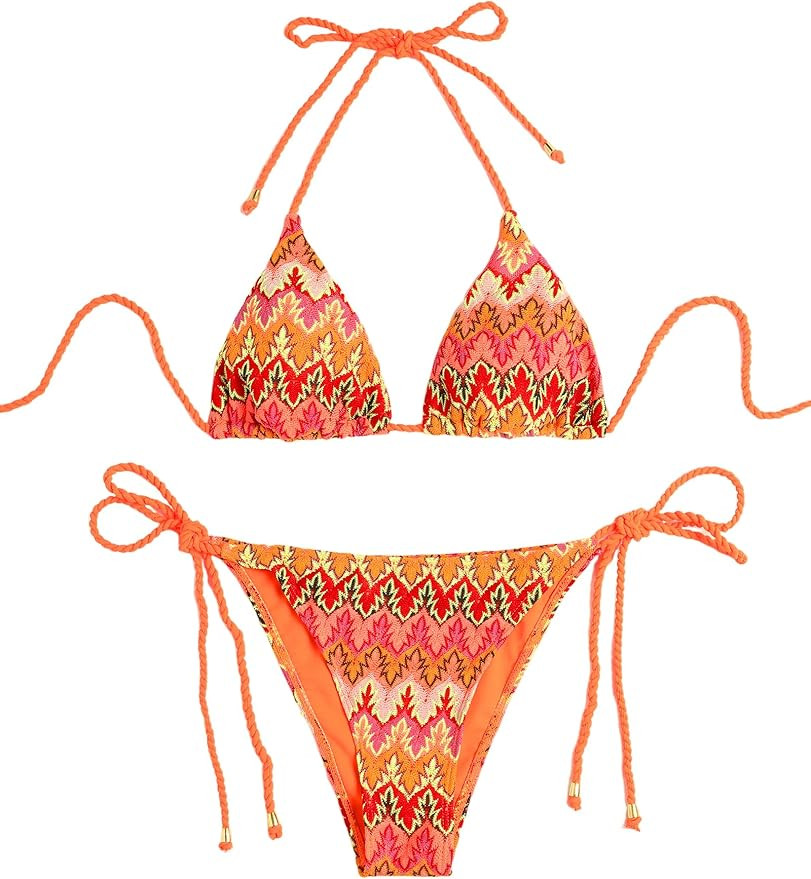 ZAFUL 2 Piece Triangle Bikini for Women Knitted Rope Halter Bikini Sets Sexy Bathing Suit Side Ti... | Amazon (US)