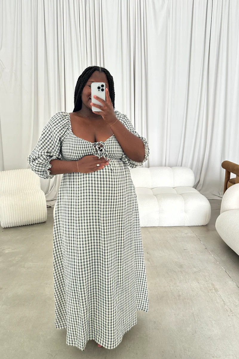 Cecilia 100% Cotton Smocked Maxi Dress in Teal Green Plaid - Bump Frie | Worth Collective