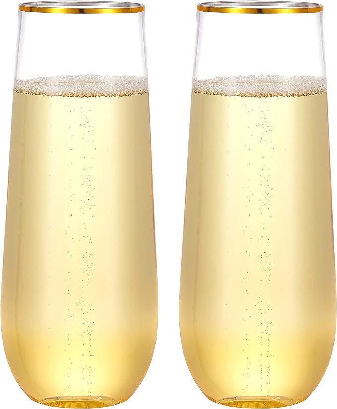 N9R 24 Pack Plastic Champagne Flutes, 9 Oz Stemless Disposable Gold Rim Toasting Glasses, Crystal... | Amazon (US)