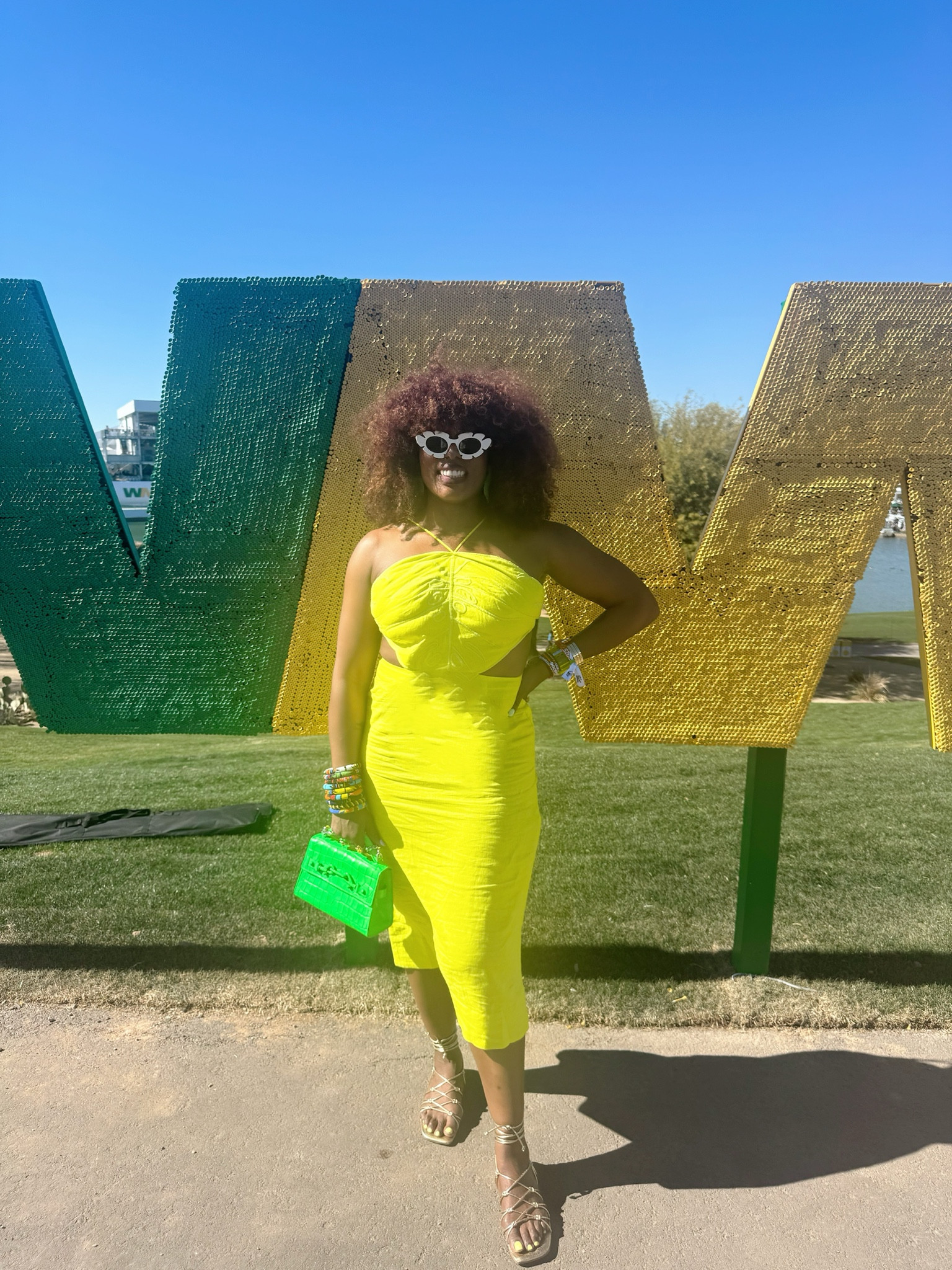 The WM Phoenix Open Event Look! 
Loved being in highlighter yellow & matching the golf tournament sign to perfection! This outfit was great for the 84 degree heat in Arizona! 💚💛

#LTKSeasonal #LTKParties #LTKStyleTip