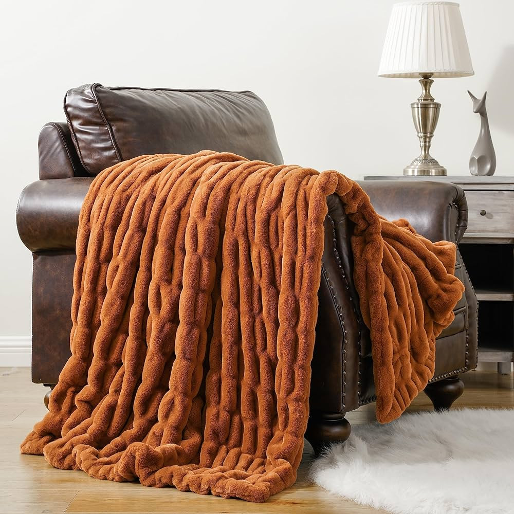 BATTILO HOME Orange Faux Fur Throw Blanket, Double Side Ruched Reversible Rabbit Fur Blanket for ... | Amazon (US)