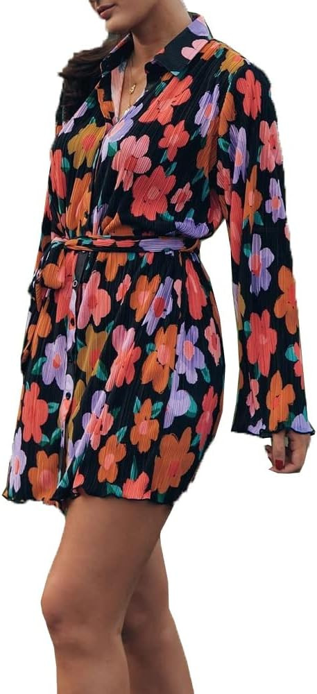 Women Pleated Shirt Dress Long Sleeve Ruched Dresses High Waist V Neck Button Mini Dress Elegant ... | Amazon (US)