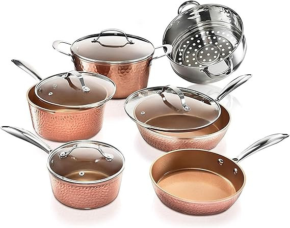 Gotham Steel Hammered Copper 10 Pc Pots and Pans Set Non Stick Cookware Set, Non Toxic Ceramic Co... | Amazon (US)