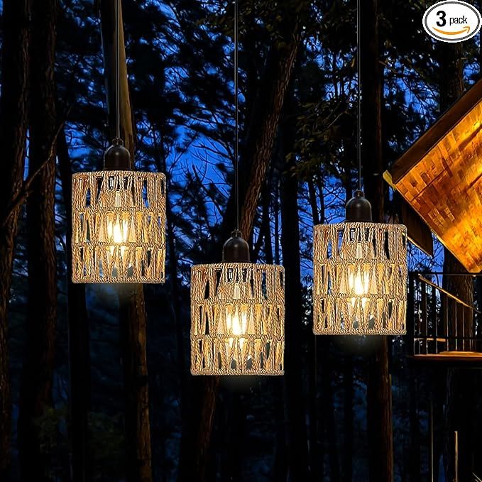 3 Pack Outdoor Chandelier Pendant Light for Gazebo Battery Operated Boho Hanging Lamp Bamboo Hand... | Amazon (US)