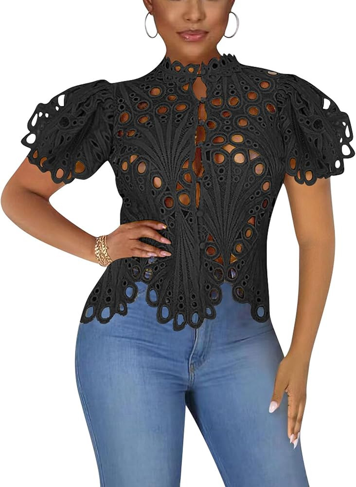 Doweha Women\u2019s Sexy Ruffle Long Sleeve Summer Lace Tops 2026 Puff Flare Shirt V Neck Hollow ... | Amazon (US)