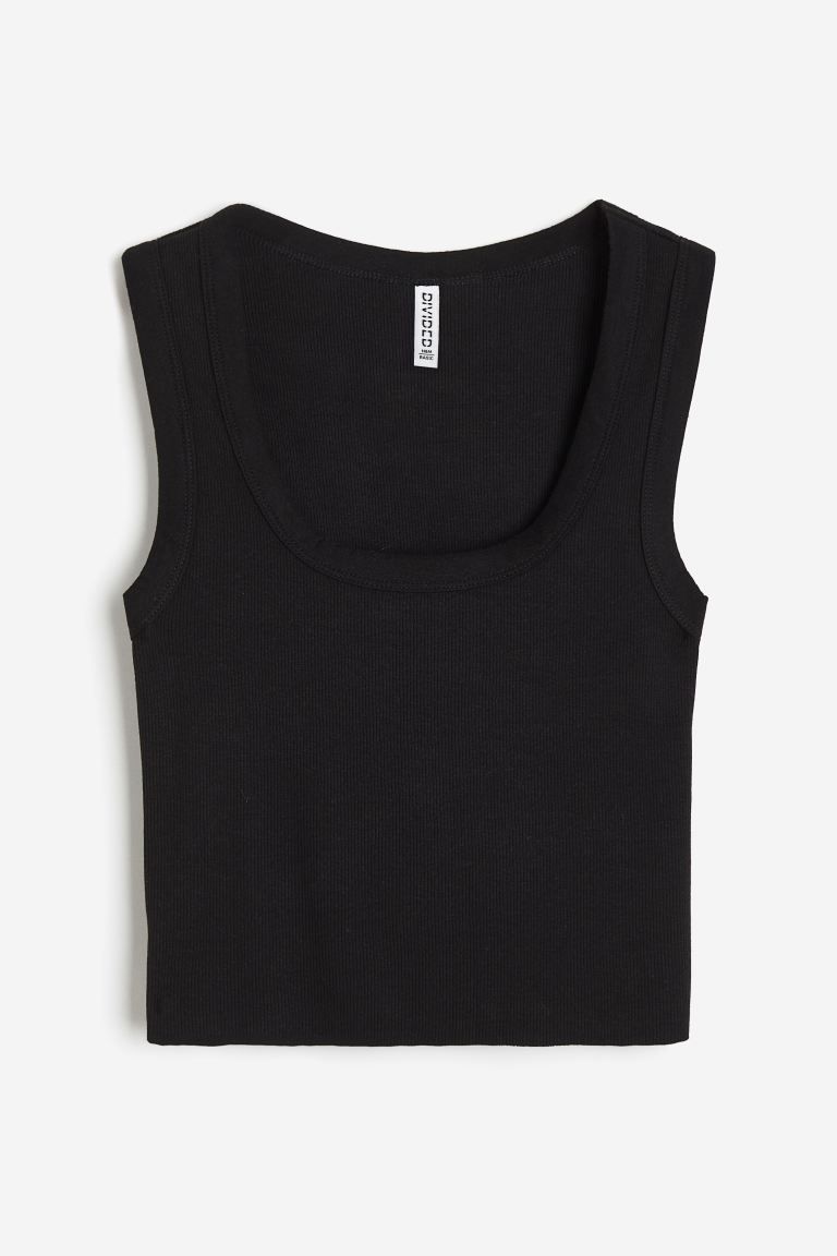 Short Tank Top - Low-cut Neckline - Sleeveless - Black - Ladies | H&M US | H&M (US + CA)