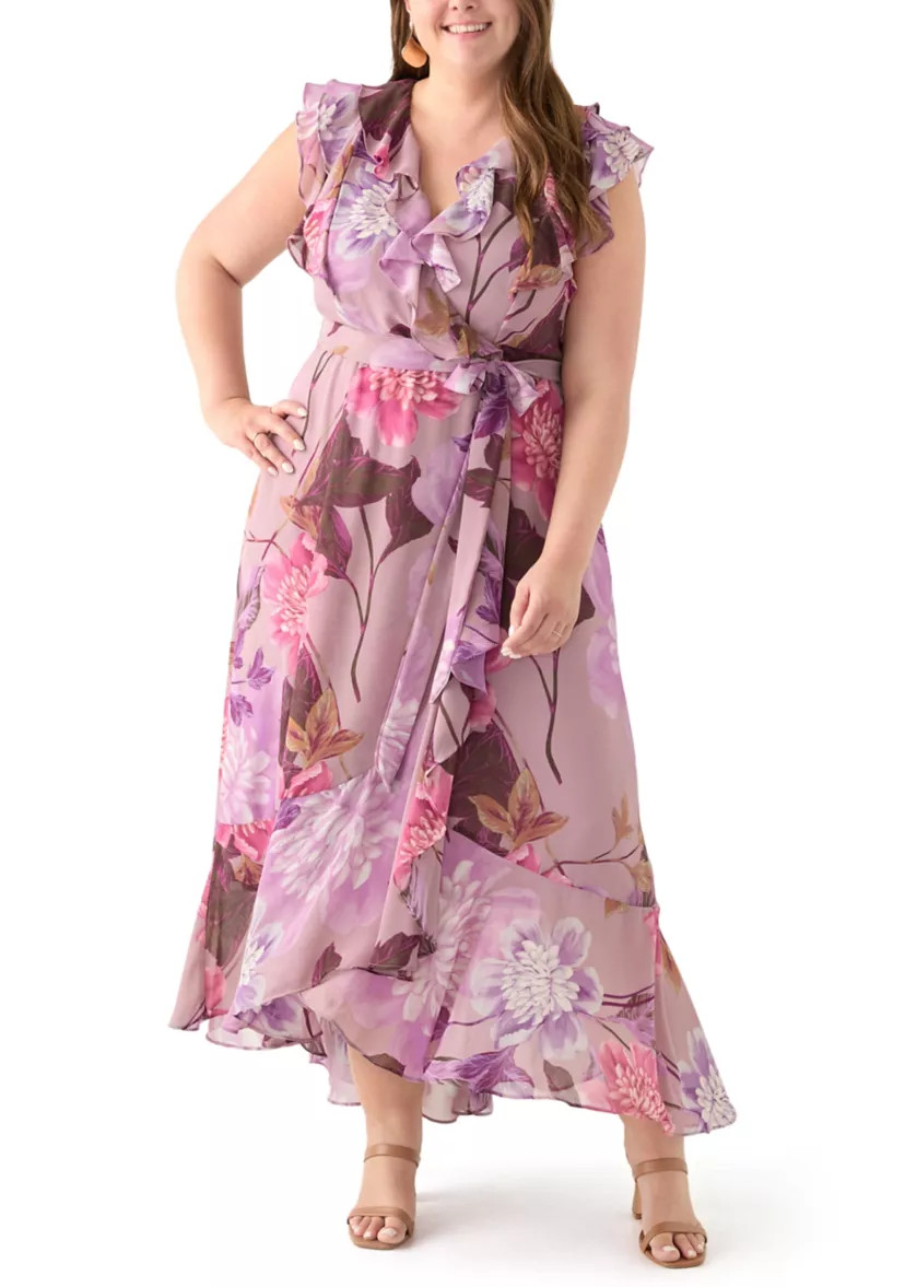 Plus Size Short Sleeve V-Neck Floral Print Chiffon Maxi Dress | Belk