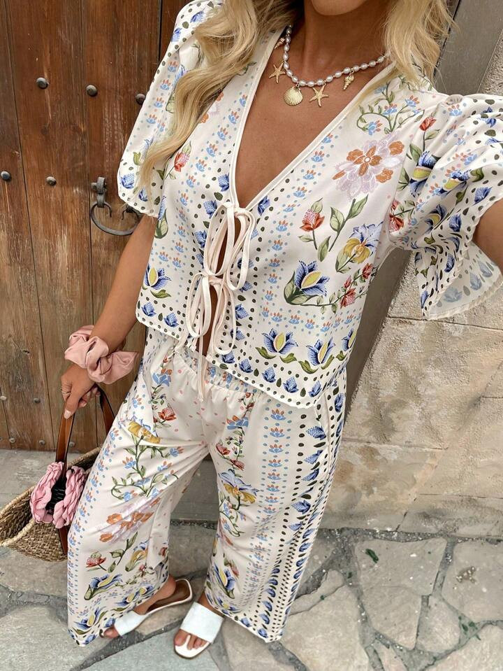 Calvaya 2pcs Women Casual Vacation Printed Short Sleeve Top And Wide Leg Pants Set | SHEIN